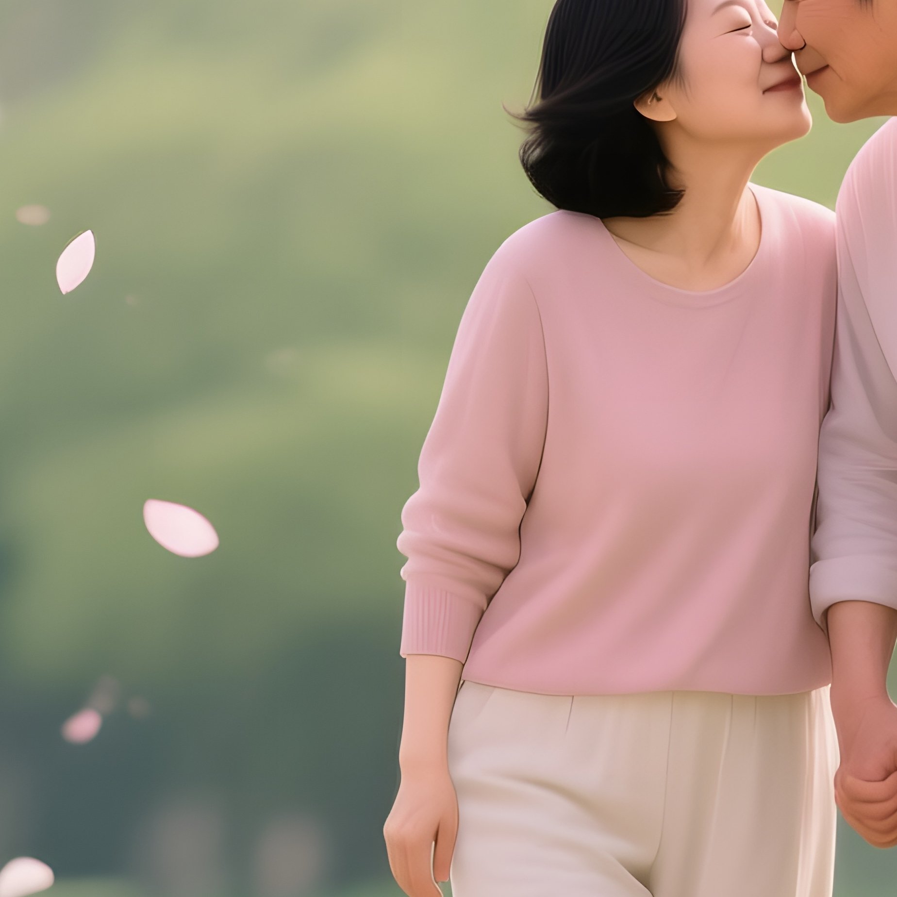 Middle Aged Asian Couple Kissing Samoyed Cherry Blossom Park - Full Resolution Quality Preview