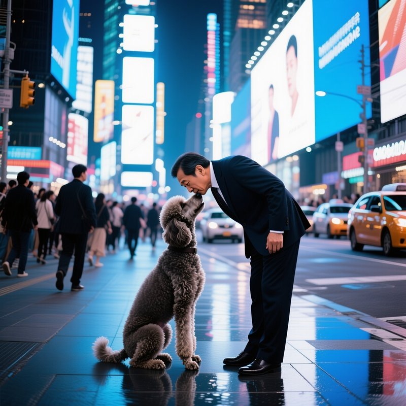 Middle Aged South Korean Businessman Kissing Poodle On City Sidewalk