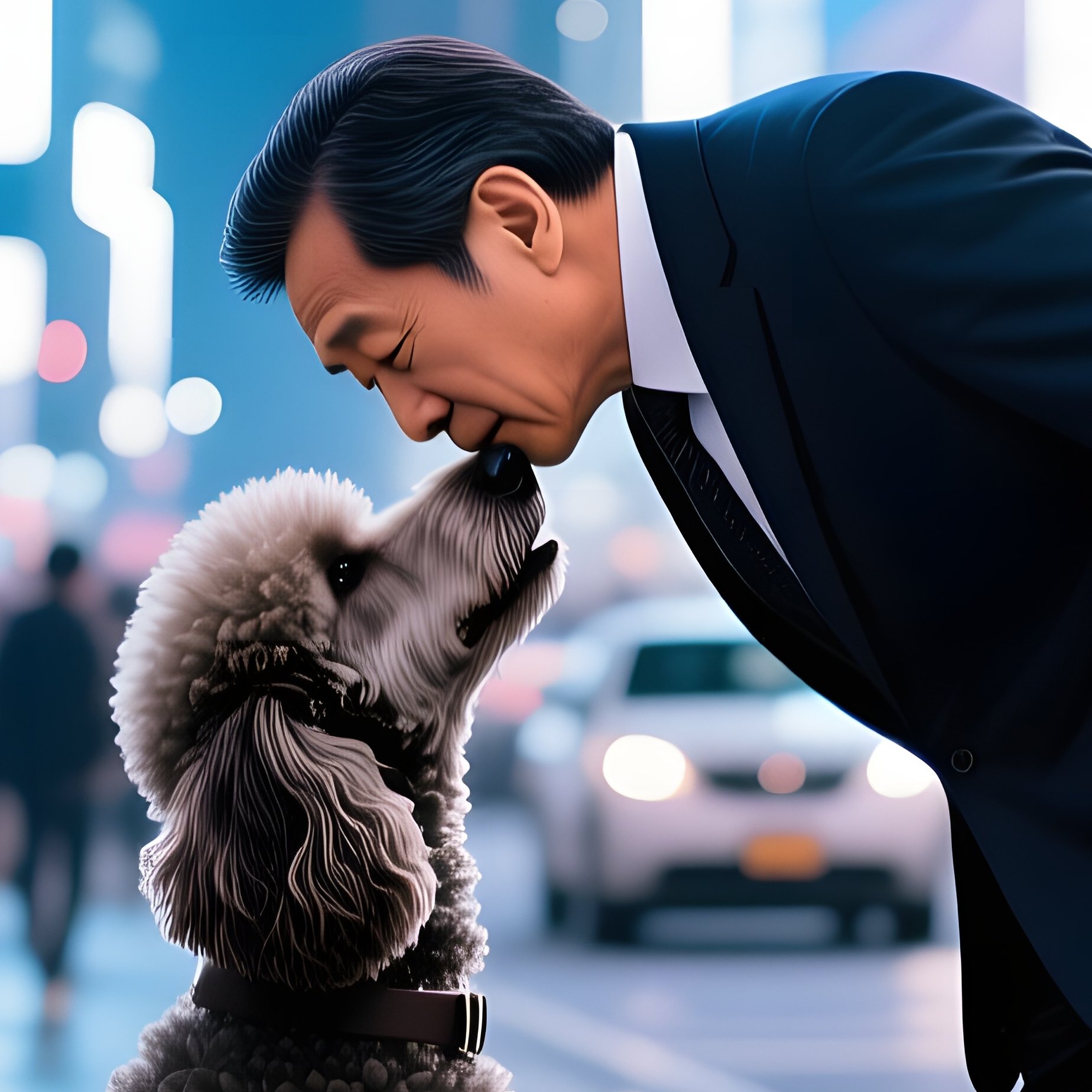 Middle Aged South Korean Businessman Kissing Poodle On City Sidewalk - Full Resolution Quality Preview