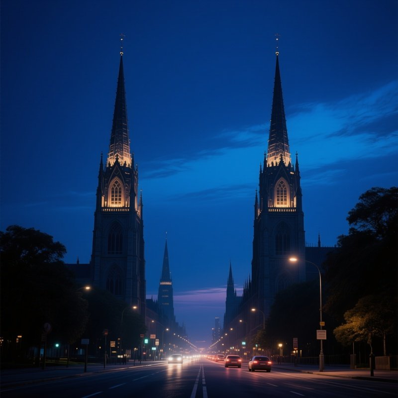 Midnight Calm With Only The Soft Hum Of Distant Traffic, The Illuminated Spires Of The Towers