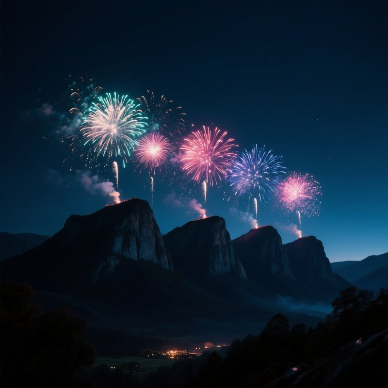 Midnight Darkness Punctuated By The Occasional Flash Of Distant Fireworks, Illuminating The Tops Of