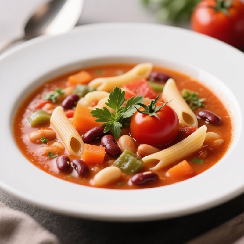 Minestrone Soup With Seasonal Vegetables, Beans, Pasta, Tomato, And Herbs