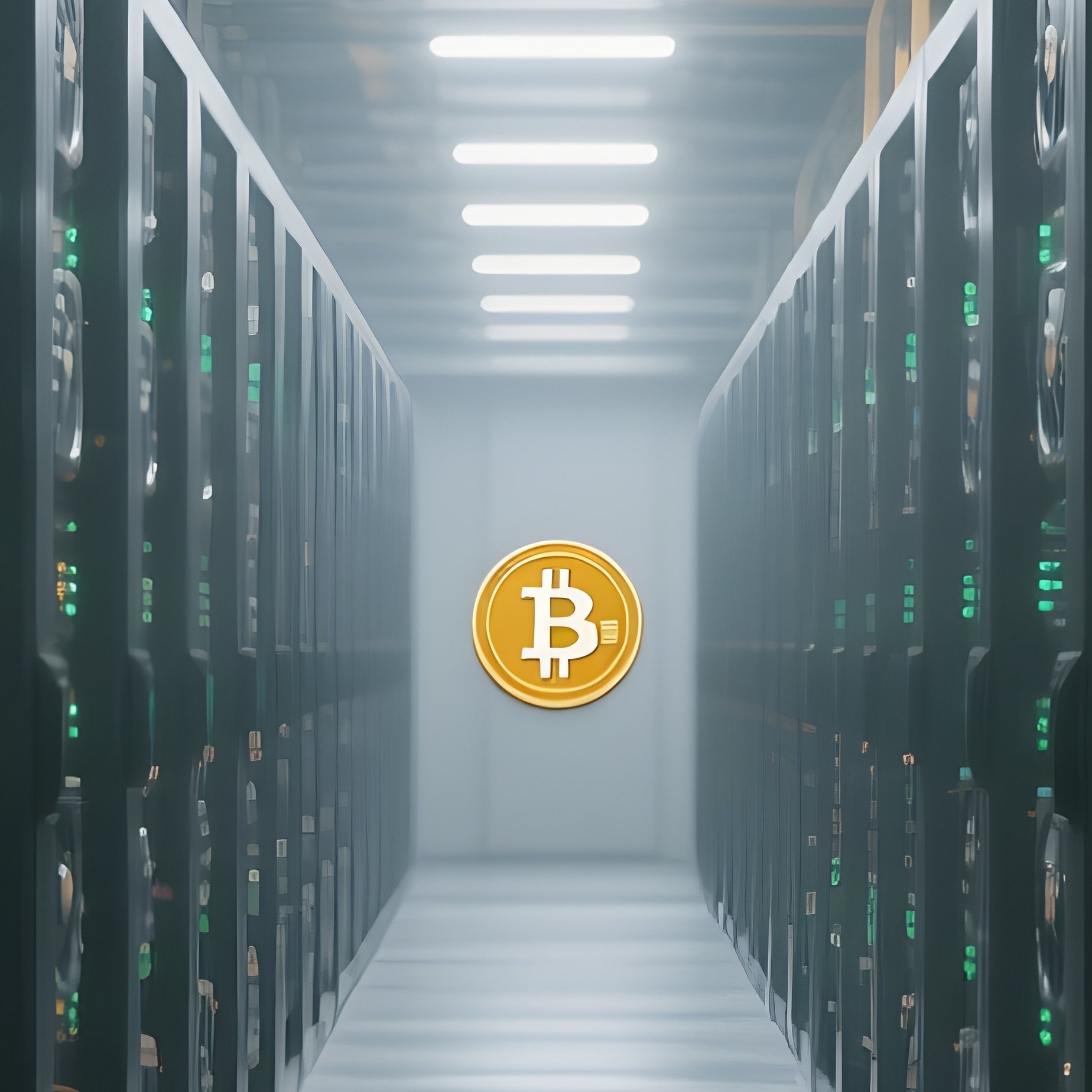 Mining Farm: An Aisle Inside A Massive Crypto Mining Warehouse. Rows Of Graphics Cards With Spinning Fans And Blinking Leds, Creating A Tunnel Of Tech. - Full Resolution Quality Preview
