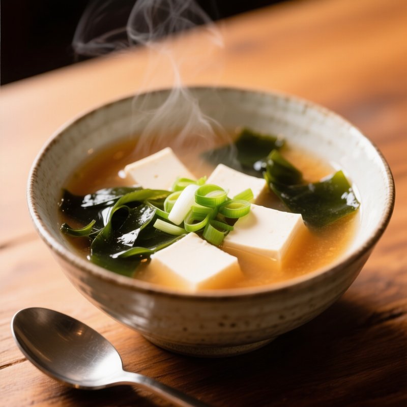 Miso Soup With Tofu Cubes Wakame Seaweed And Scallions