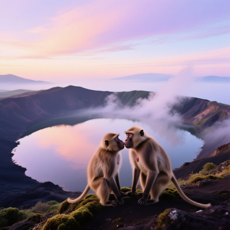 Misty Dawn Volcanic Crater Lake Gelada Baboons Kiss