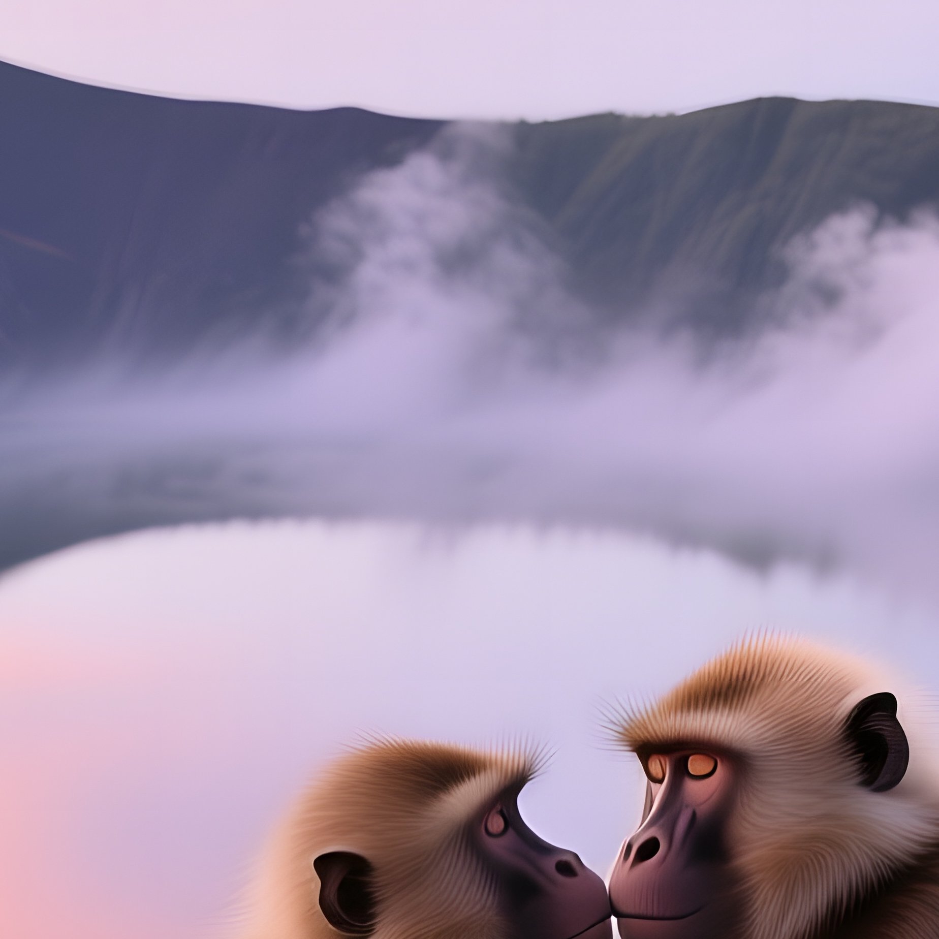 Misty Dawn Volcanic Crater Lake Gelada Baboons Kiss - Full Resolution Quality Preview