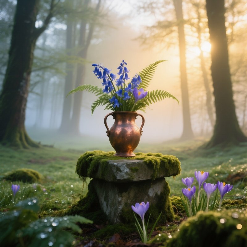 Misty Forest Clearing At Dawn With Copper Vase