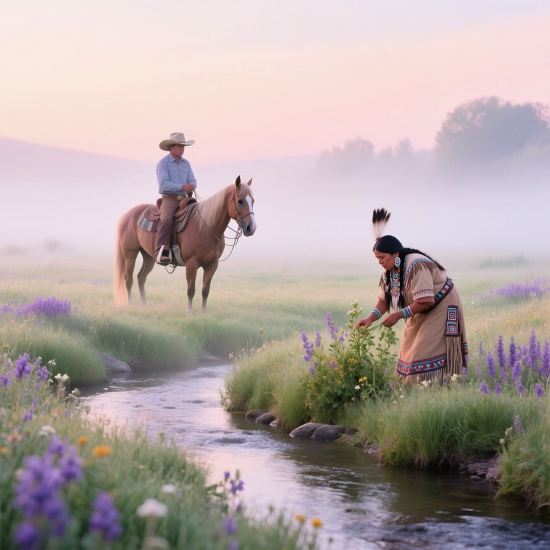 Misty Meadow With Cowboy And Sioux Woman