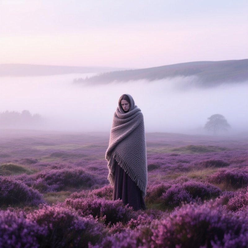 Misty Moorland With Heather Lone Figure In Wool Shawl