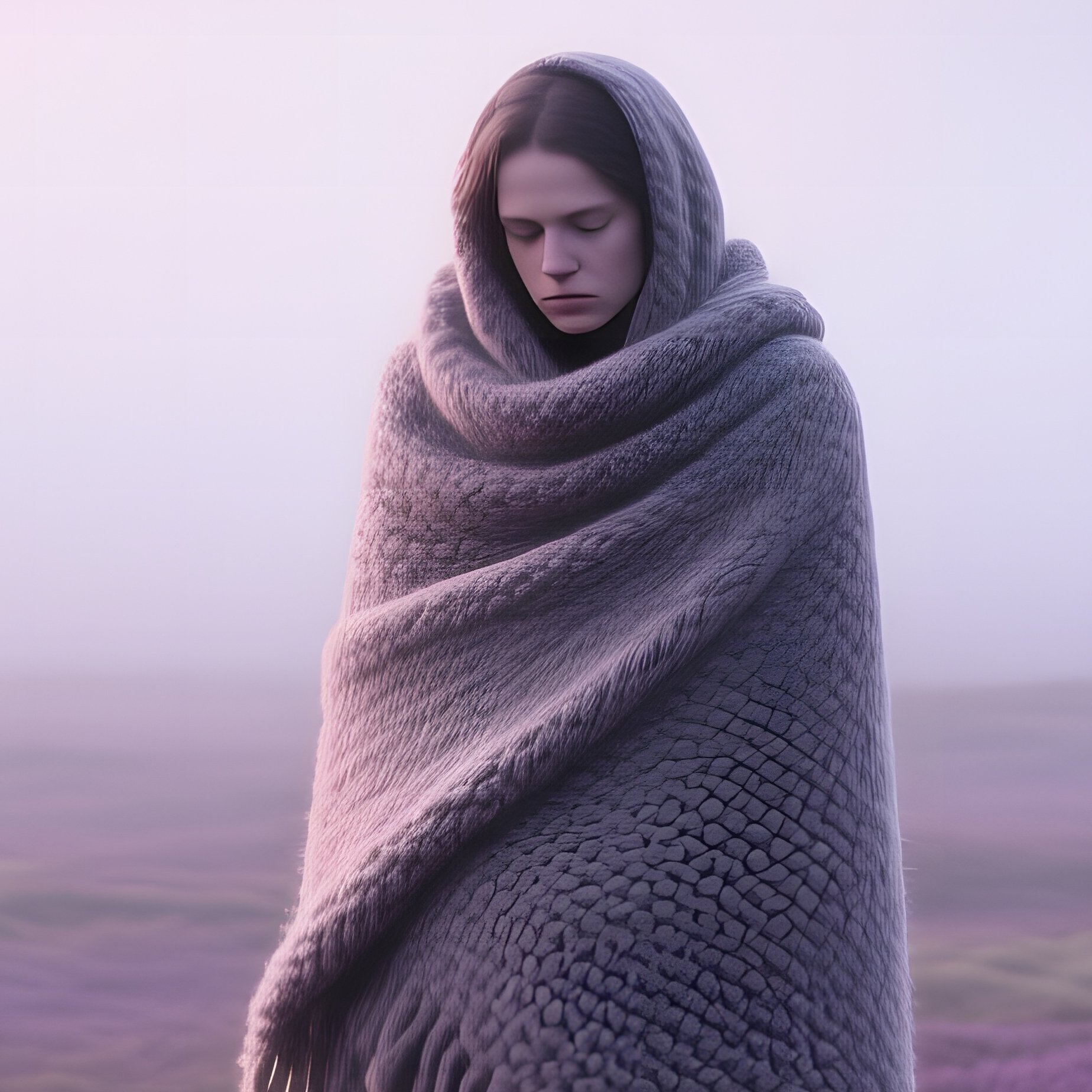 Misty Moorland With Heather Lone Figure In Wool Shawl - Full Resolution Quality Preview