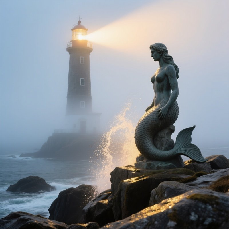 Misty Morning Coastal Lighthouse Granite Mermaid