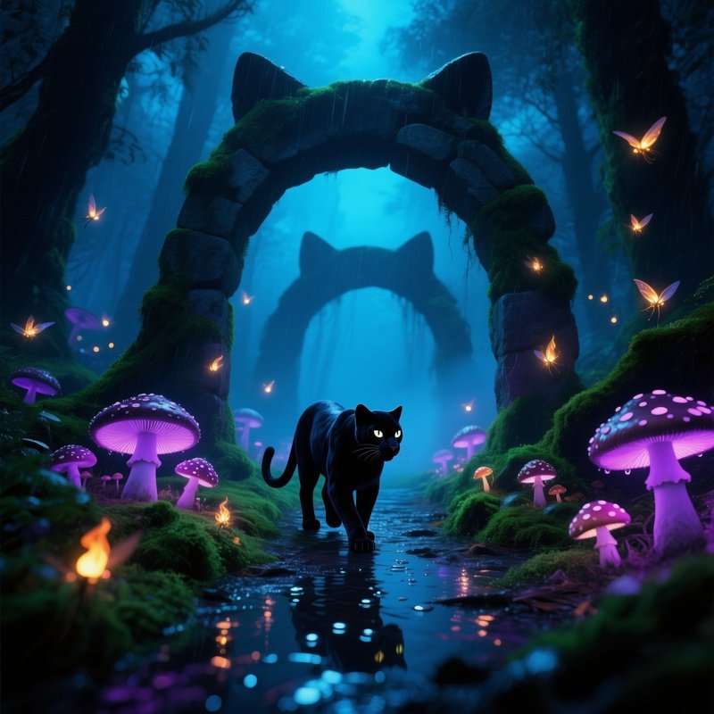 Misty Night Forest With Phosphorescent Fungi And Black Panther Cats
