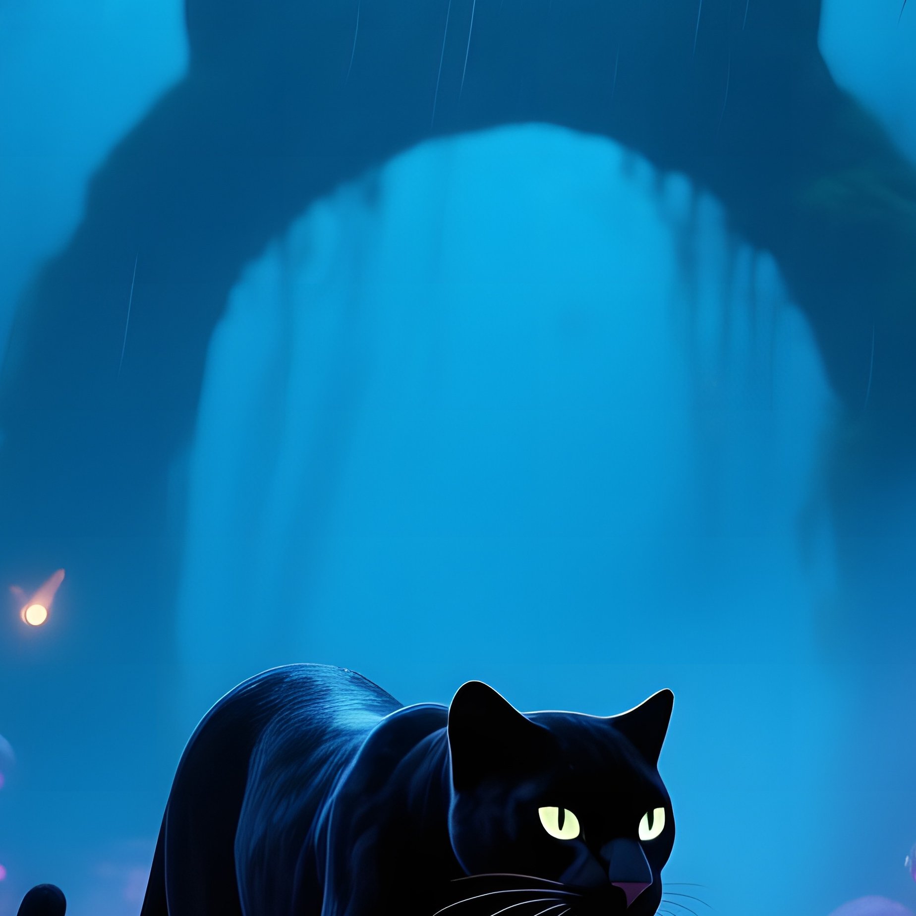 Misty Night Forest With Phosphorescent Fungi And Black Panther Cats - Full Resolution Quality Preview