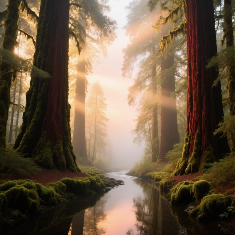 Misty Redwood Forest At Dawn