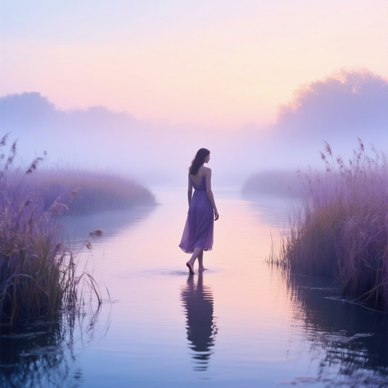 Misty River Delta At Dawn Female Model Wading