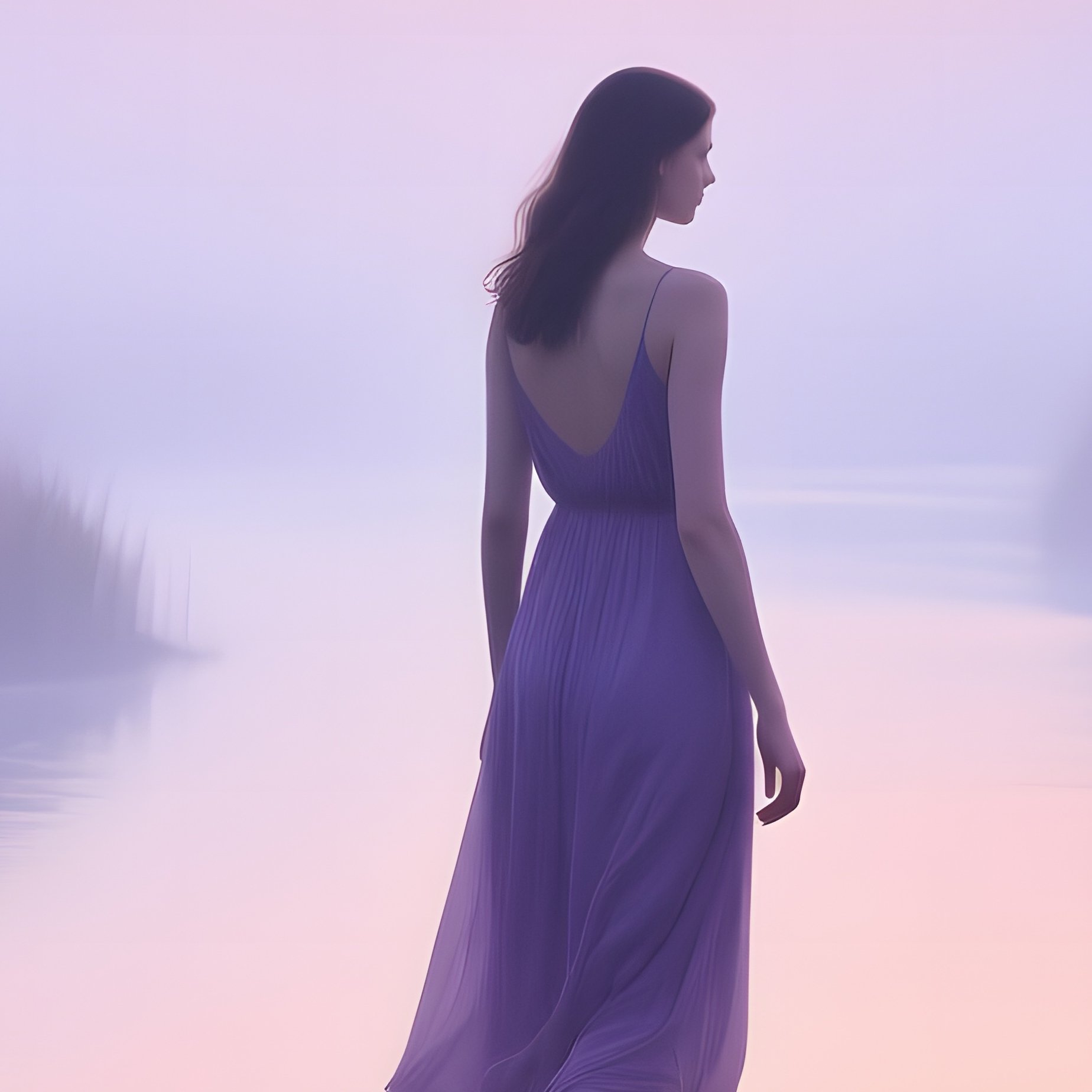 Misty River Delta At Dawn Female Model Wading - Full Resolution Quality Preview