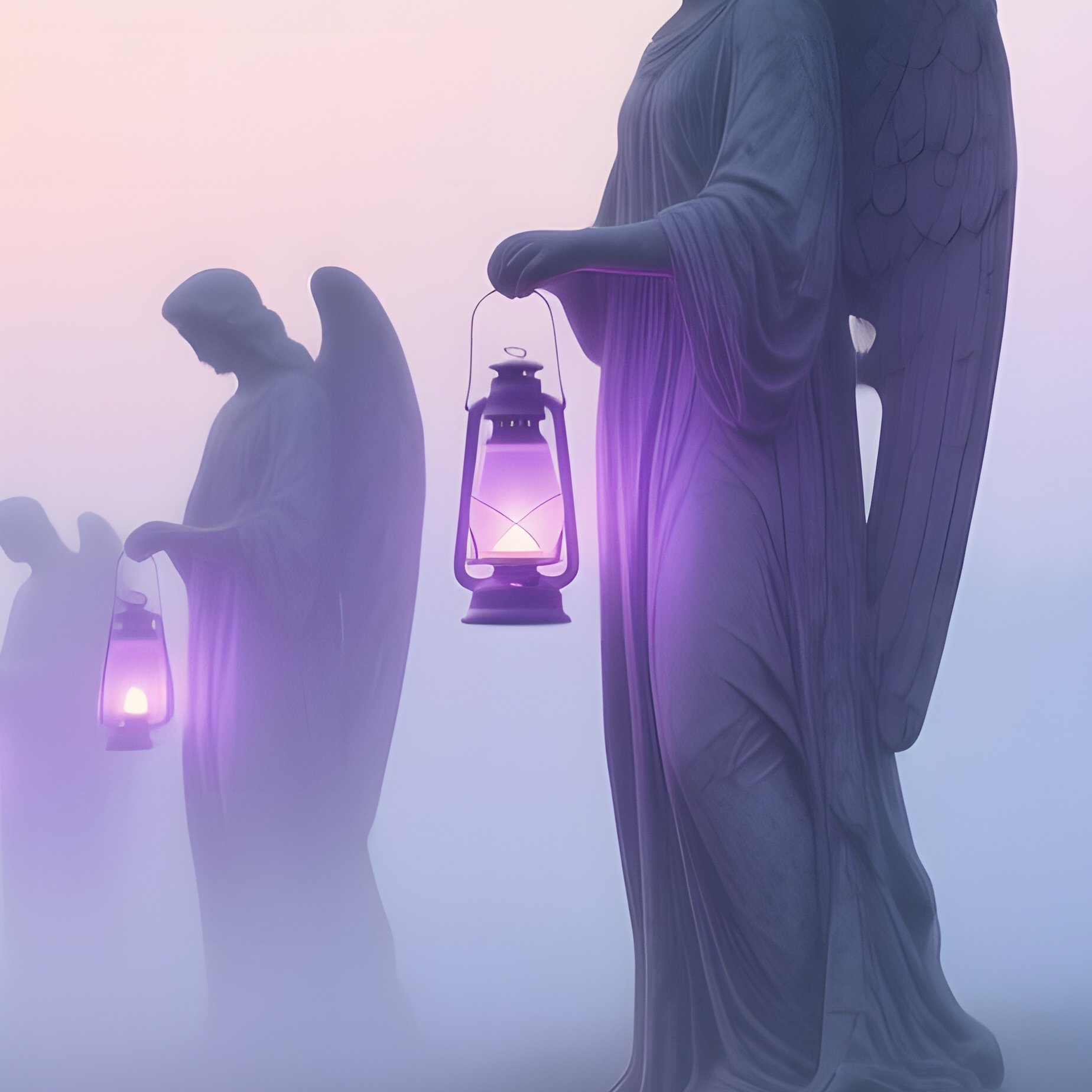 Misty Riverbank At Dawn Weeping Angels With Lanterns - Full Resolution Quality Preview