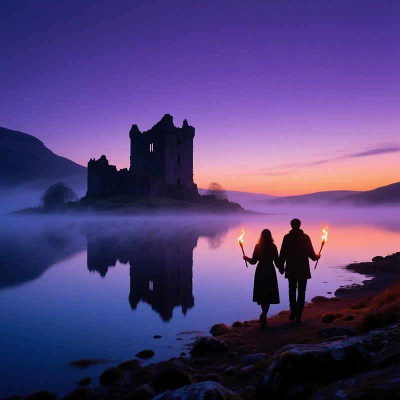 Misty Scottish Loch Twilight Castle Ruins Torch Couple