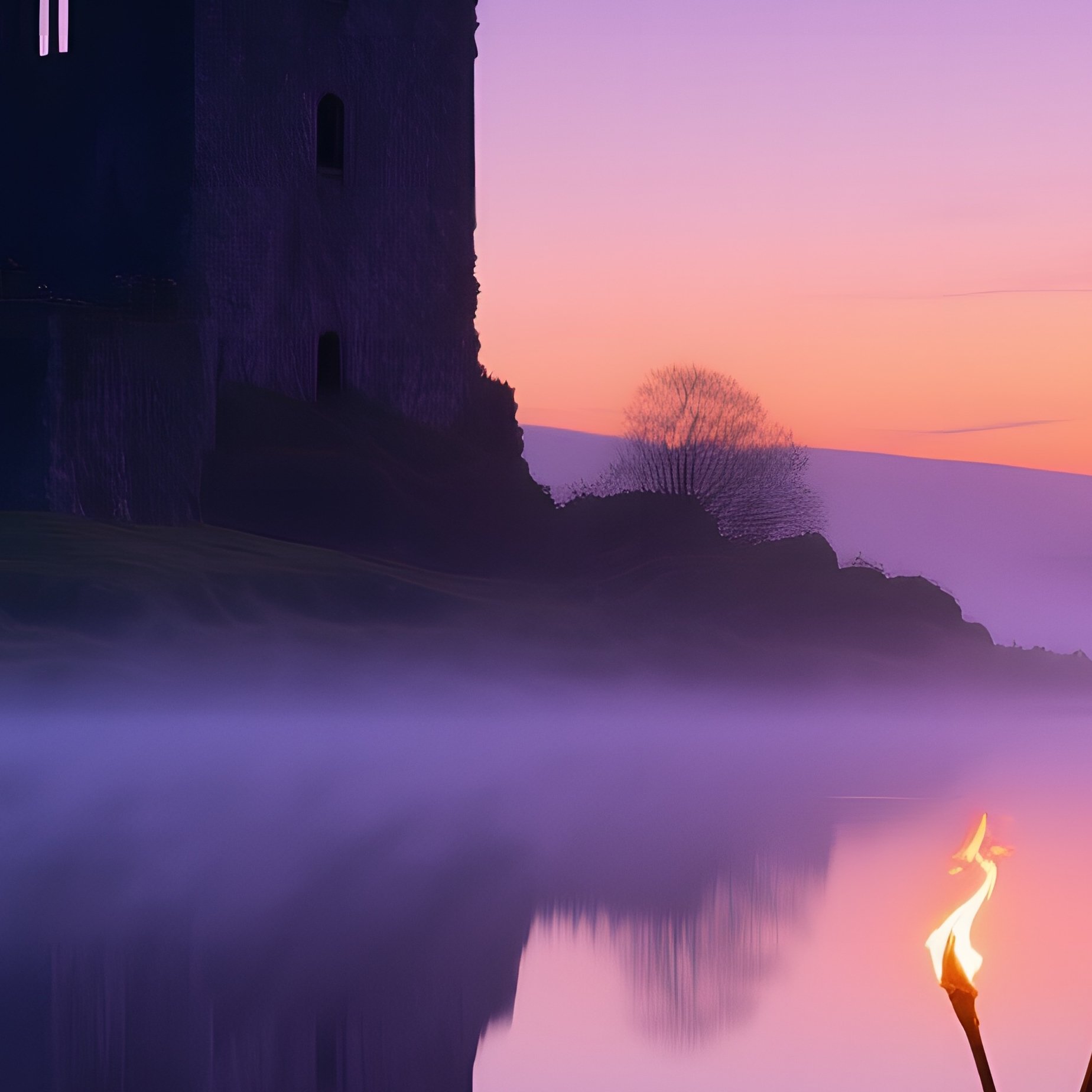 Misty Scottish Loch Twilight Castle Ruins Torch Couple - Full Resolution Quality Preview