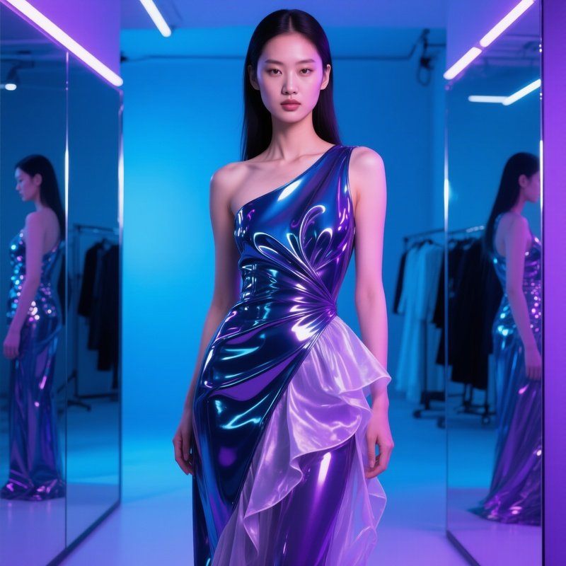 Model Sera Lin Wearing Asymmetrical Fabric Design Blending Latex Silk Lights Mirrored Studio