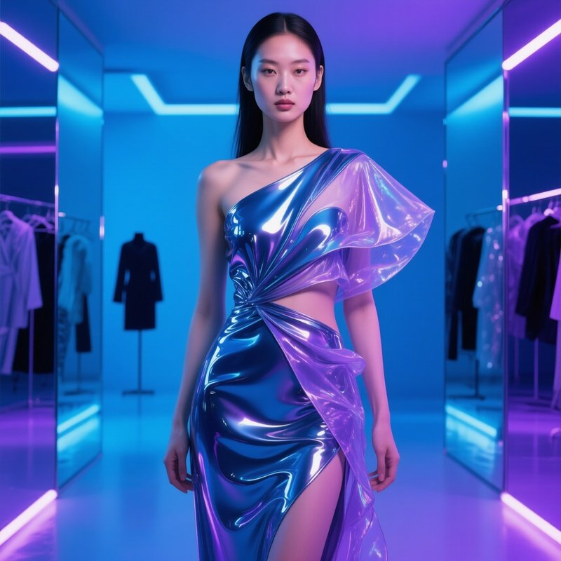 Model Sera Lin Wearing Asymmetrical Fabric Design Blending Latex Silk Lights Mirrored Studio 2