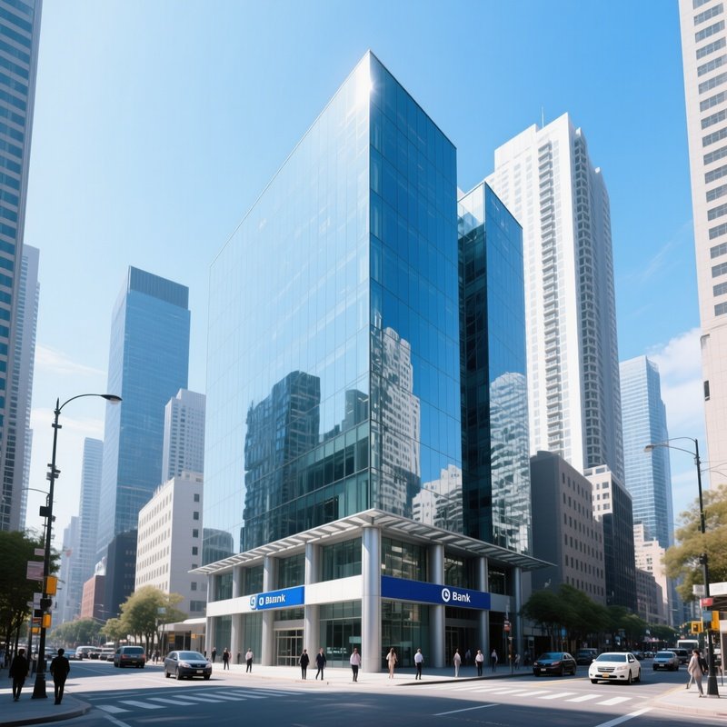 Modern Bank Building With Glass Facade And Skyline