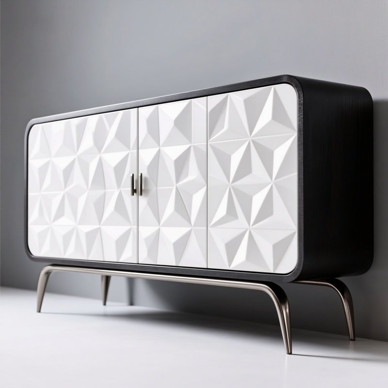 Modern Credenza Textured Geometric Door Fronts Hairpin Legs