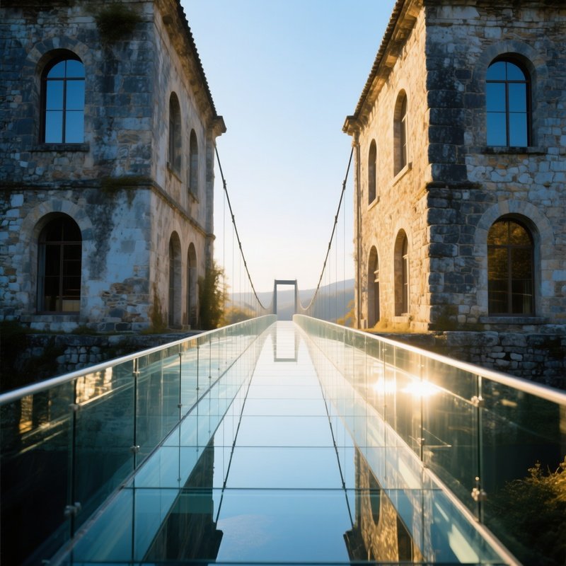 Modern Glass Bridge Connecting Two Stone Buildings Symbolizing Tradition Meeting Innovation