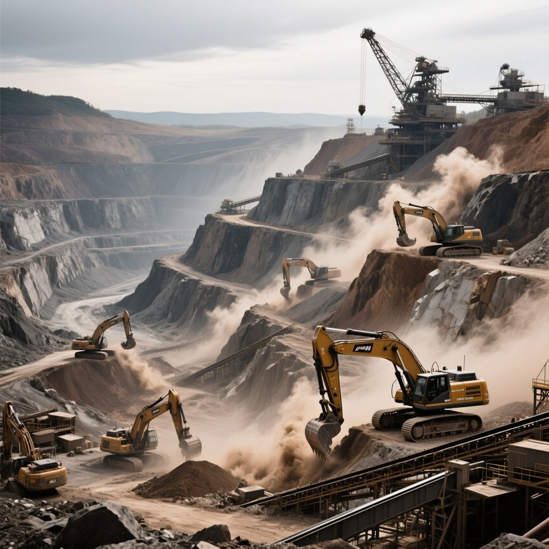 Modern Industrial Mining Operation With Massive Excavators Digging Into A Terraced Open Pit Mine