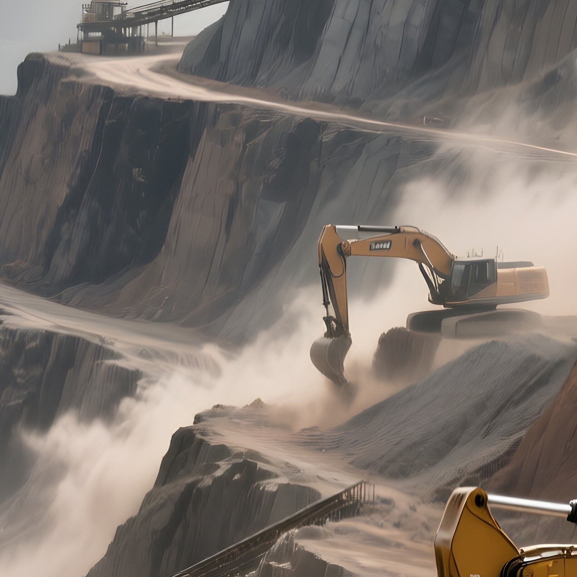 Modern Industrial Mining Operation With Massive Excavators Digging Into A Terraced Open Pit Mine - Full Resolution Quality Preview