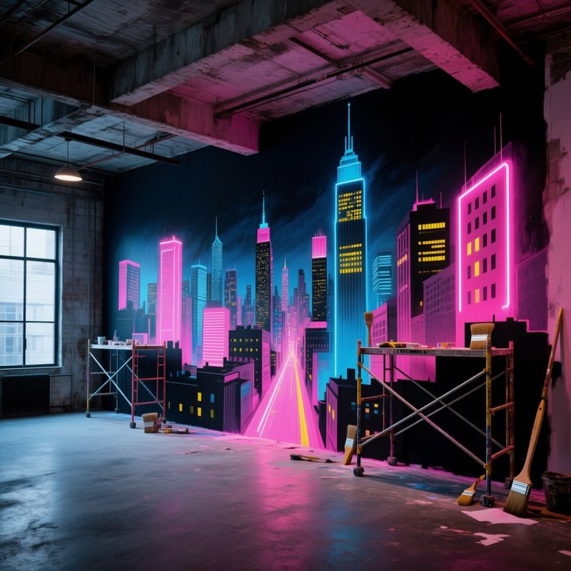 Modern Loft Art Space Fresco City Skyline