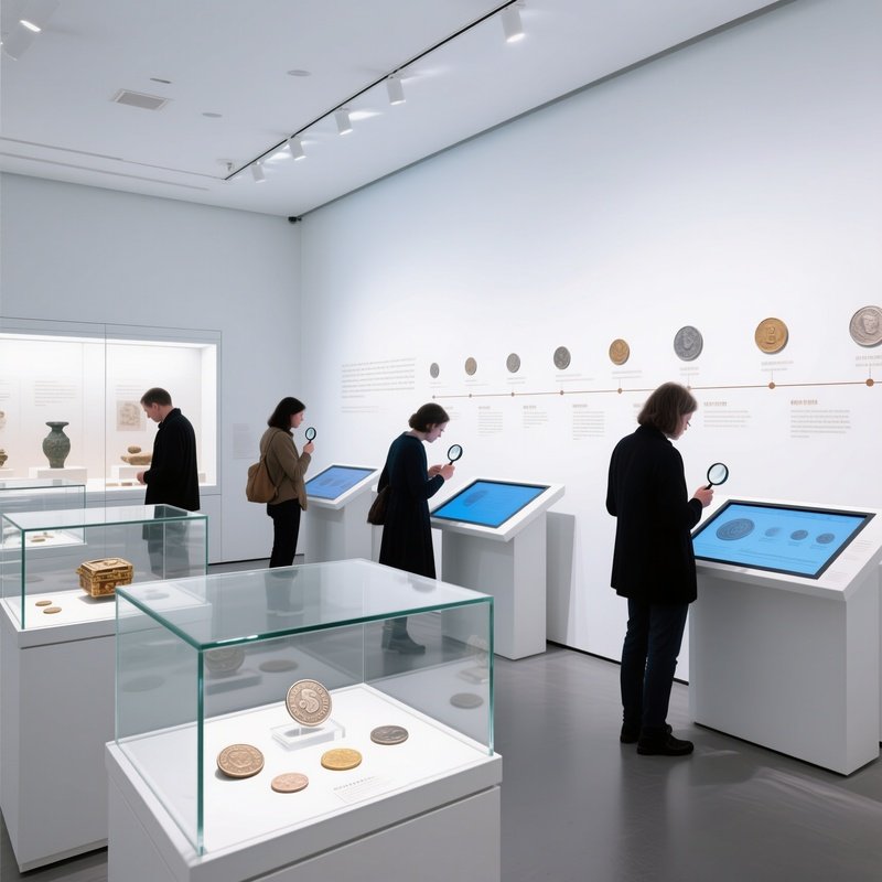 Modern Museum Exhibit On Coins History And Treasure