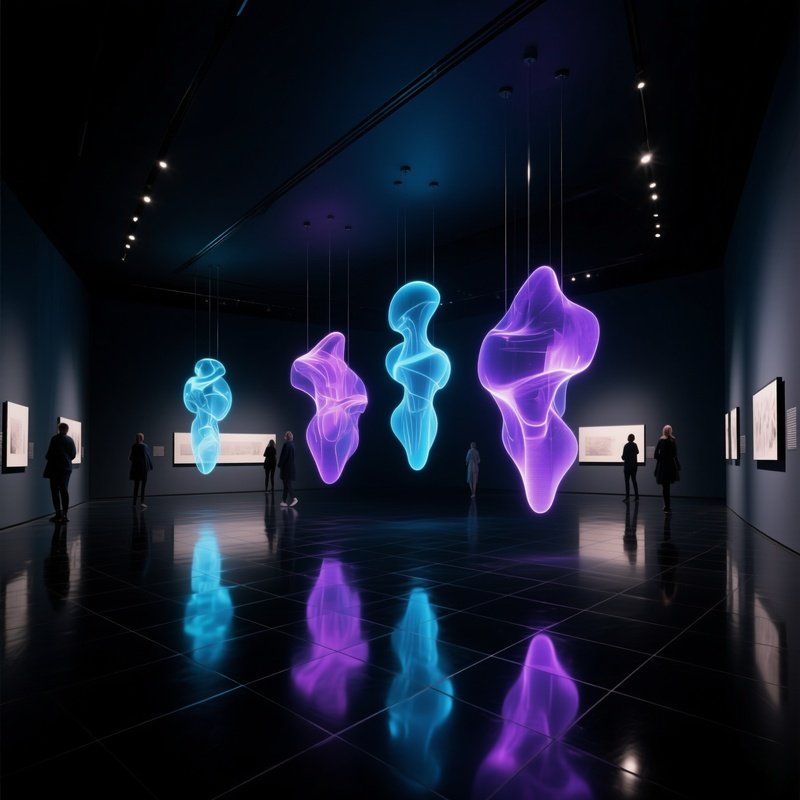 Modern Museum Gallery With Floating Holographic Sculptures