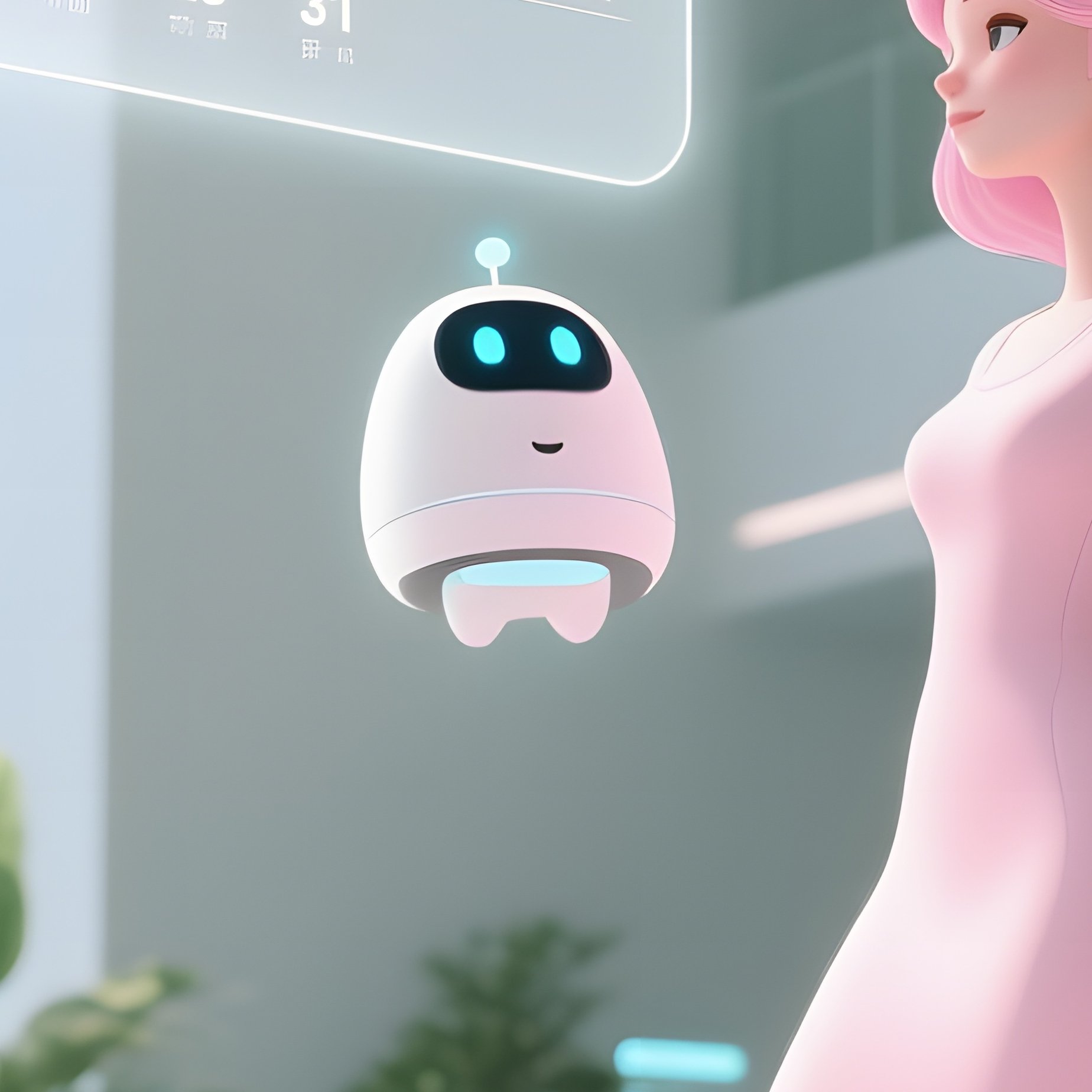 Modern Office Atrium Pop Up Girl With Pastel Pink Hair - Full Resolution Quality Preview