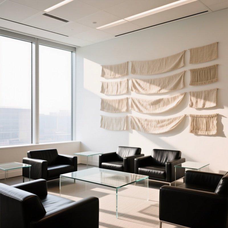 Modern Office Lounge With Leather Chairs Glass Tables And Hanging Linen Tapestries