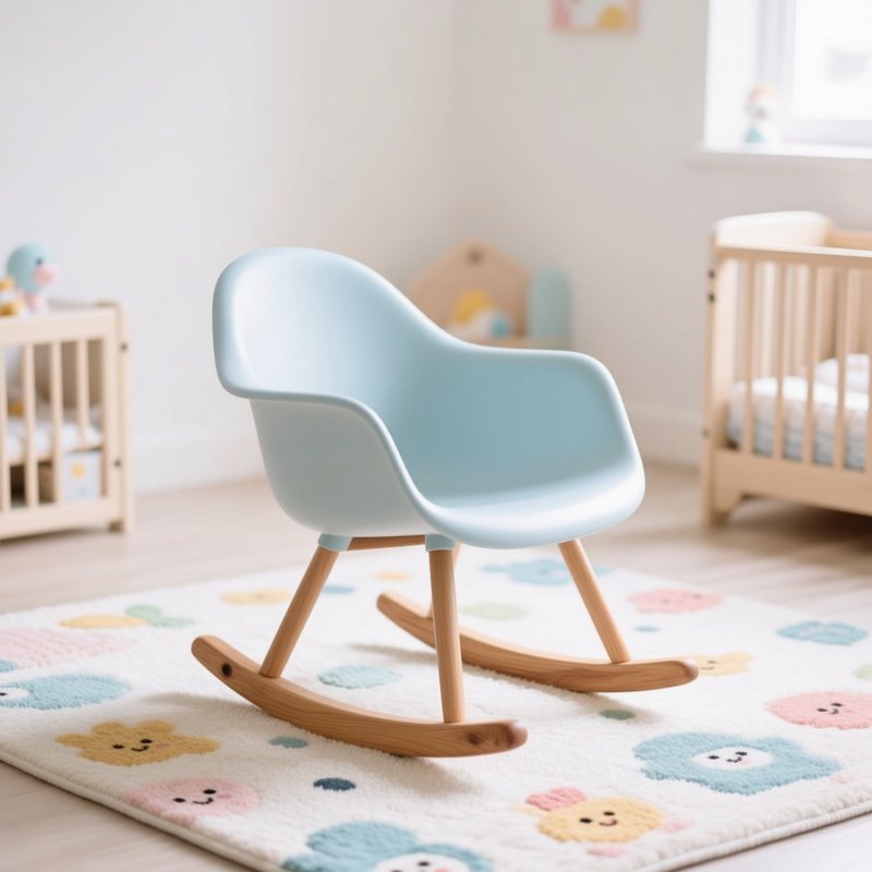 Modern Rocking Chair Molded Plastic Seat Wooden Runners Nursery Rug