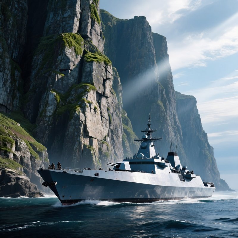 Modern Warship Passing High Stone Cliff