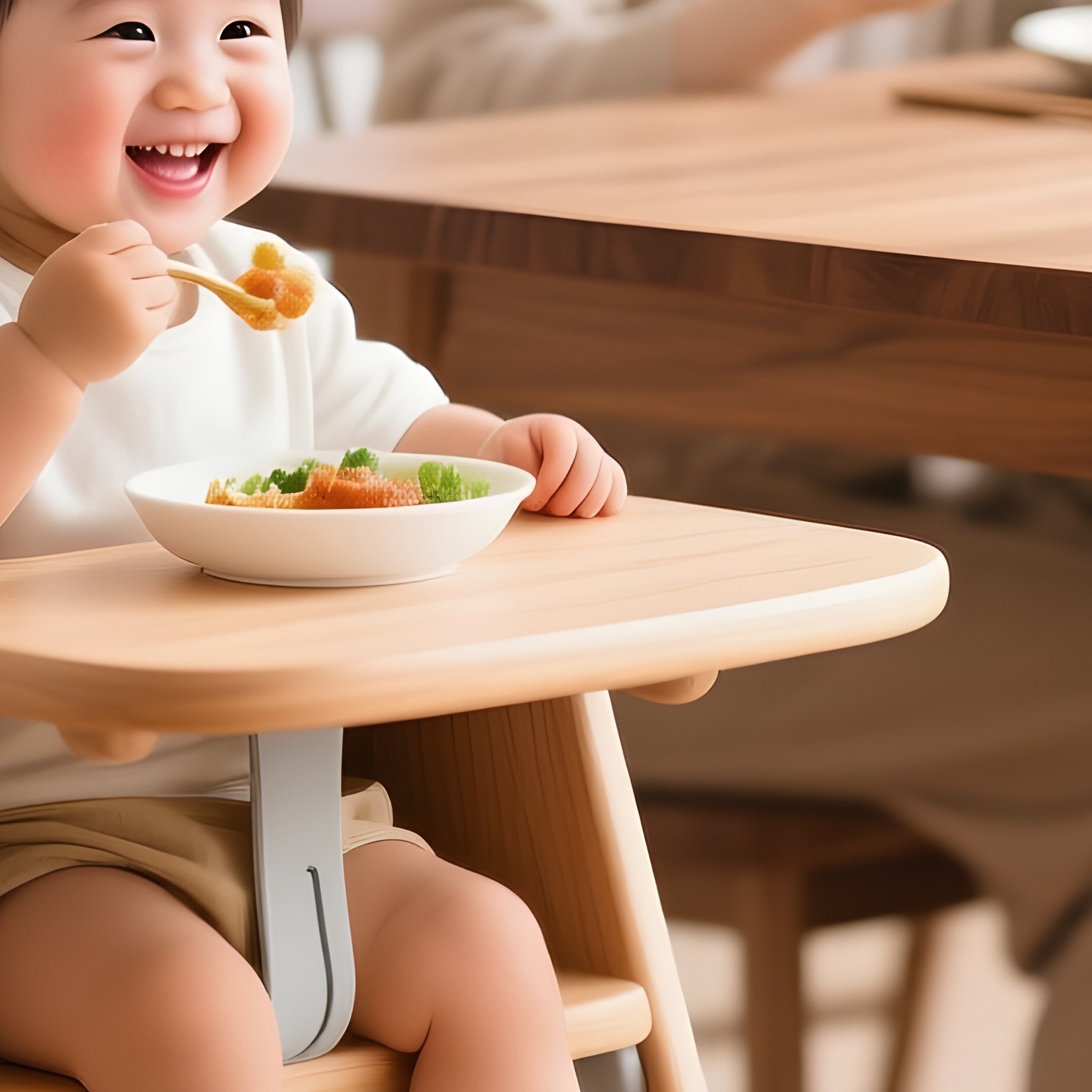 Modern Wooden High Chair At Family Table - Full Resolution Quality Preview