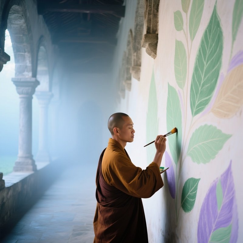 Monk Brushes Leaf Motifs In Mist