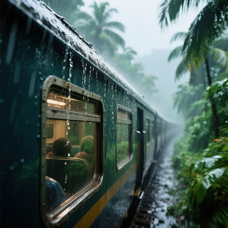 Monsoon Journey: A Train Traveling Through A Tropical Downpour. Water Cascades Off The Roof, And The View Outside The Window Is A Green Blur Of Drenched Vegetation.