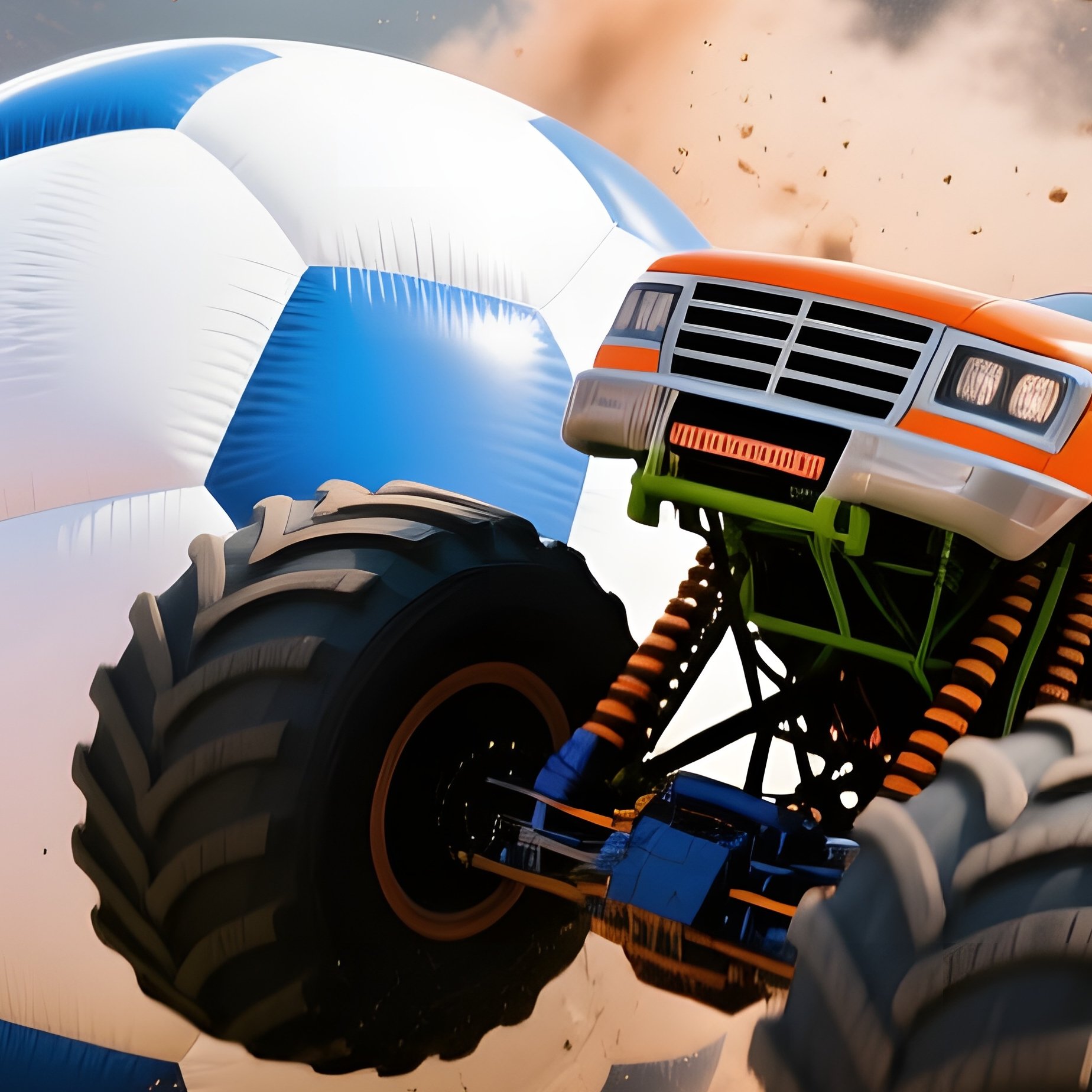 Monster Trucks Kicking Inflatable Ball In Stadium - Full Resolution Quality Preview