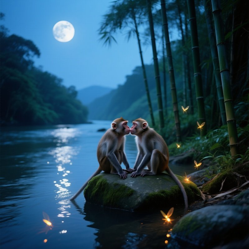 Moonlit Bamboo Grove Macaques Fireflies