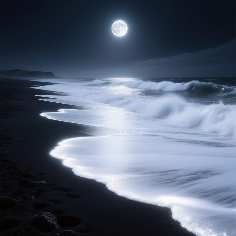 Moonlit Beach Bioluminescent Waves Black Sand