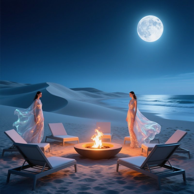 Moonlit Beach With Translucent Dresses