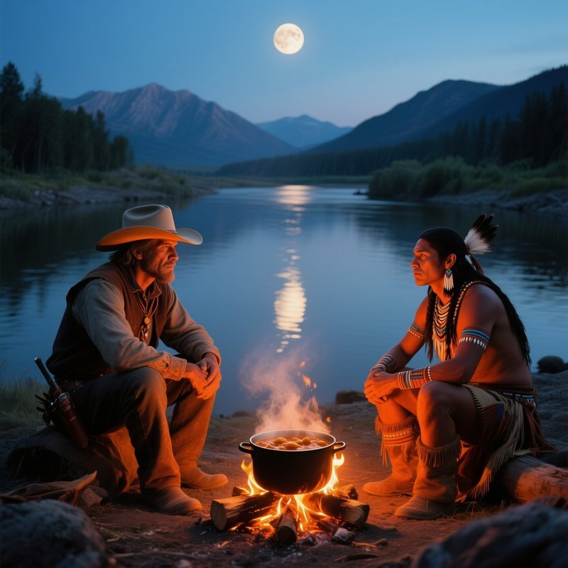 Moonlit Campfire Cowboy Indigenous Warrior Stew