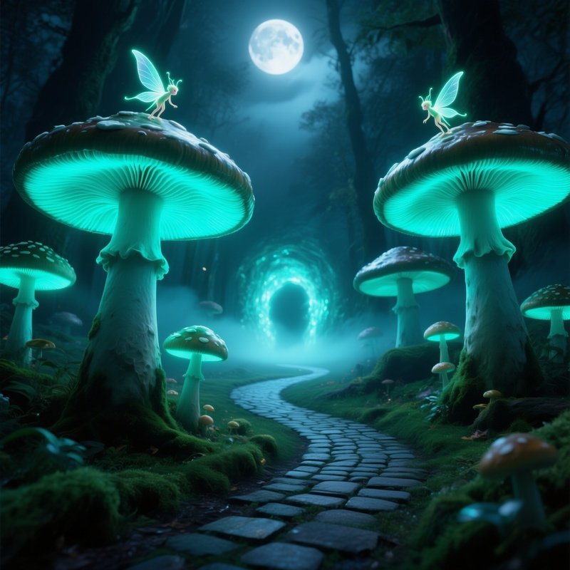 Moonlit Clearing Giant Toadstools Neon Teal Sprites Cobblestone Path Portal