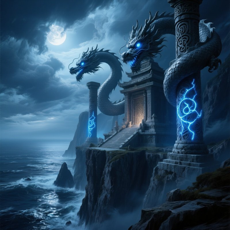 Moonlit Cliffside Temple With Stone Dragons