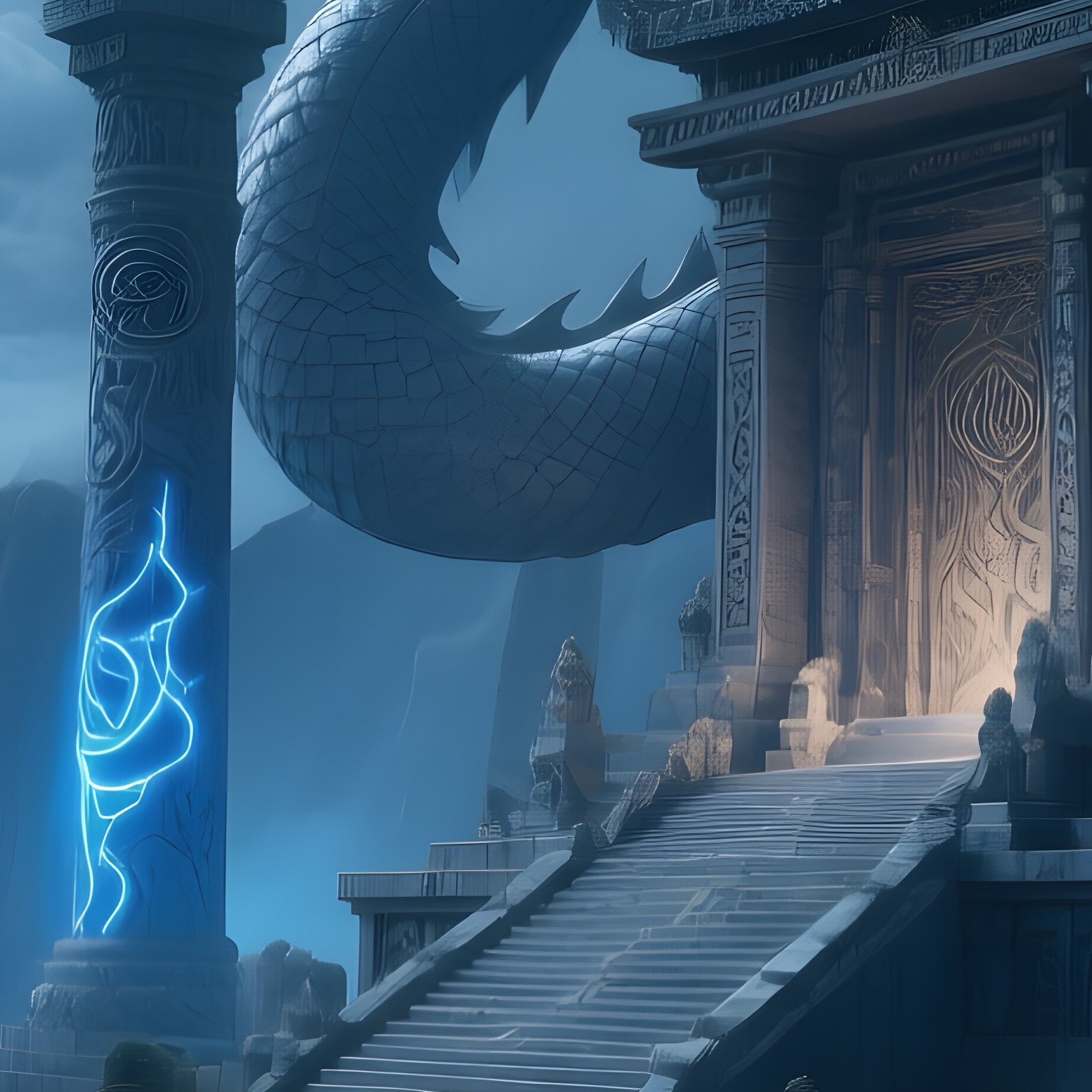 Moonlit Cliffside Temple With Stone Dragons - Full Resolution Quality Preview