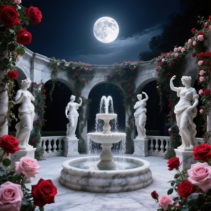 Moonlit Courtyard Fountain With Muse Statues And Roses