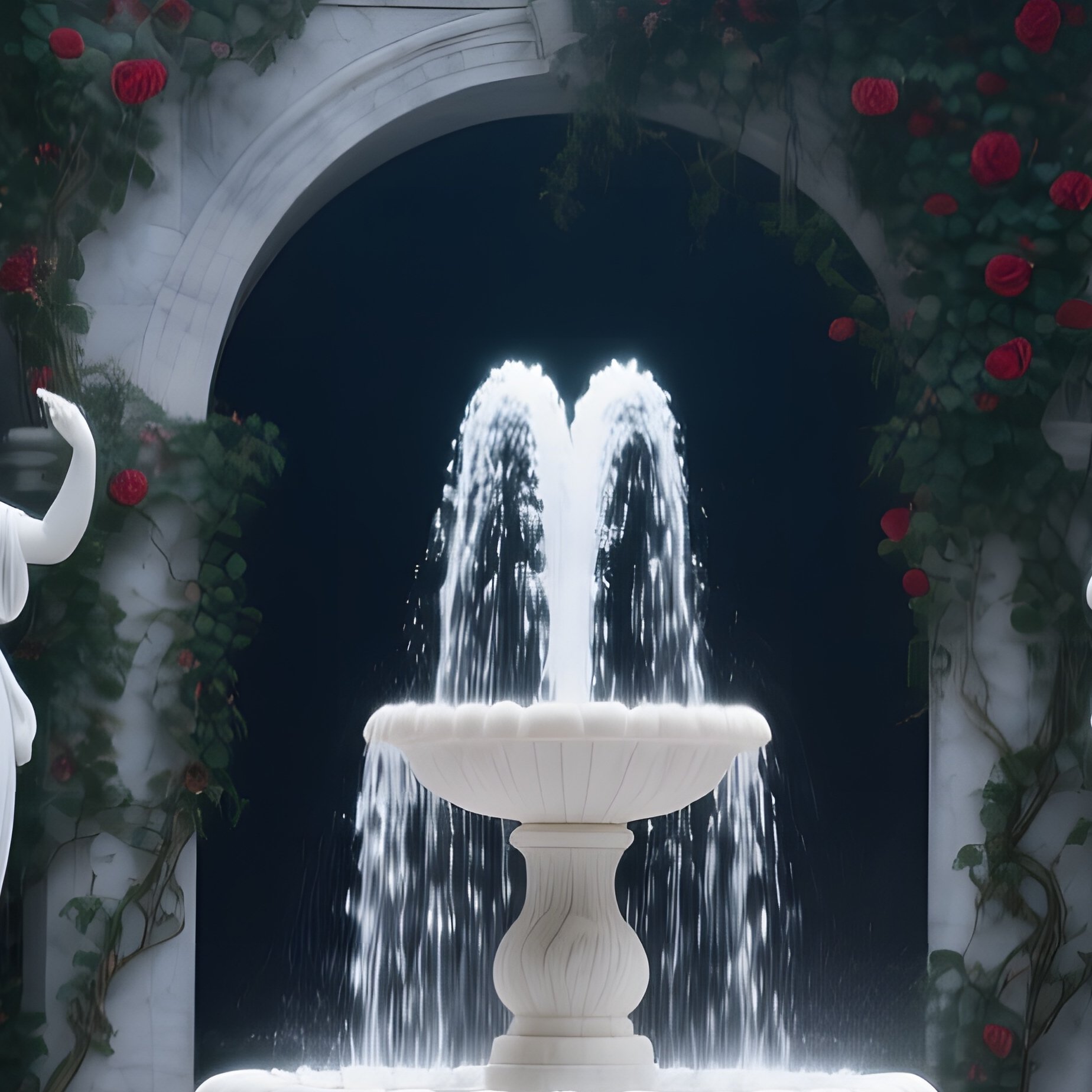 Moonlit Courtyard Fountain With Muse Statues And Roses - Full Resolution Quality Preview